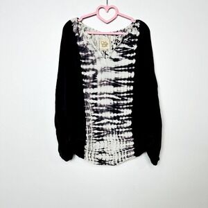 Chaser NWOT Silk V-Neck Tie Dye Cold Shoulder Bow Long Sleeve Blouse Black